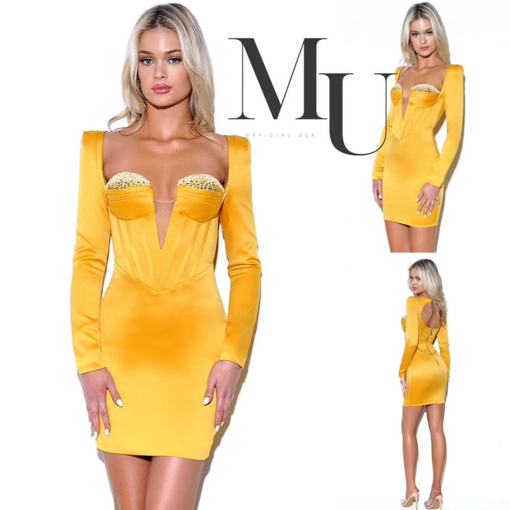 💛Camila Gold Satin Corset Dress With Crystals💛